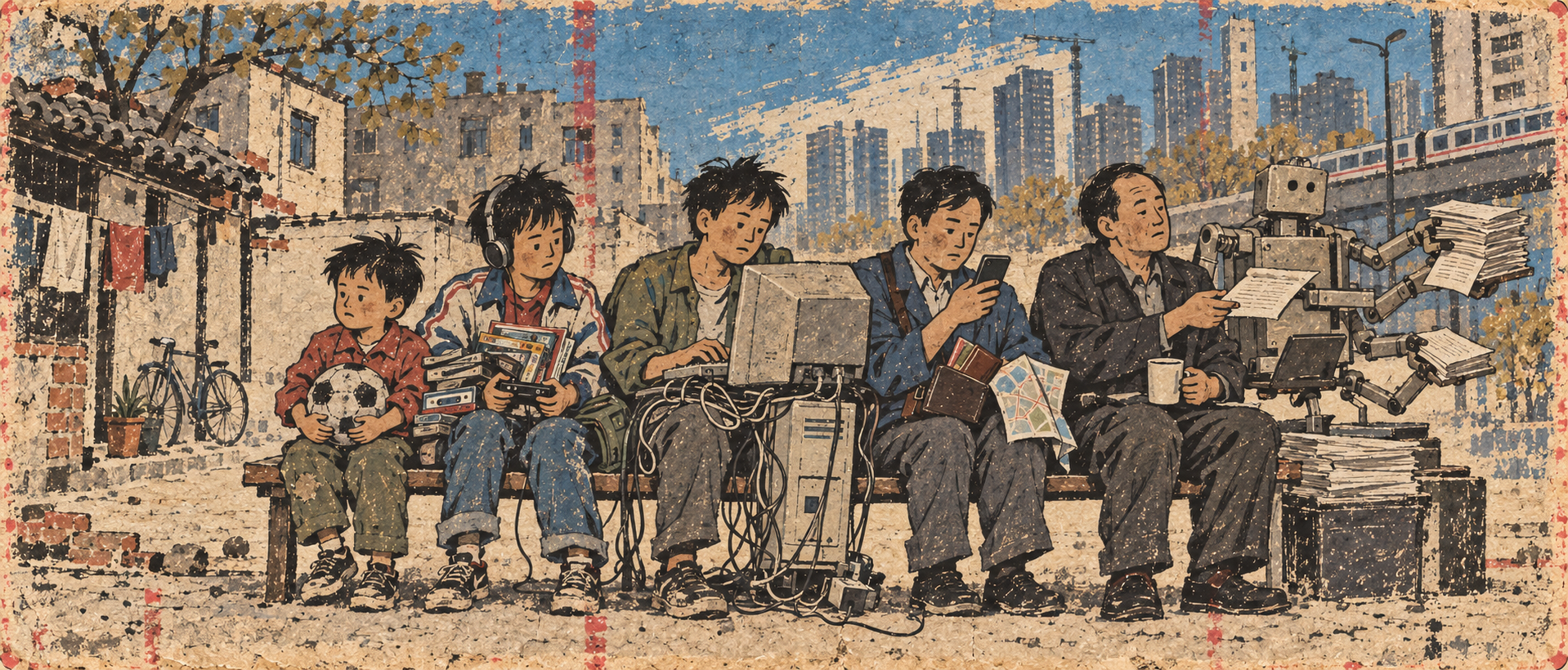 A corridor of time running from an old residential neighbourhood through a 1990s shop, a personal computer and a smartphone to artificial intelligence