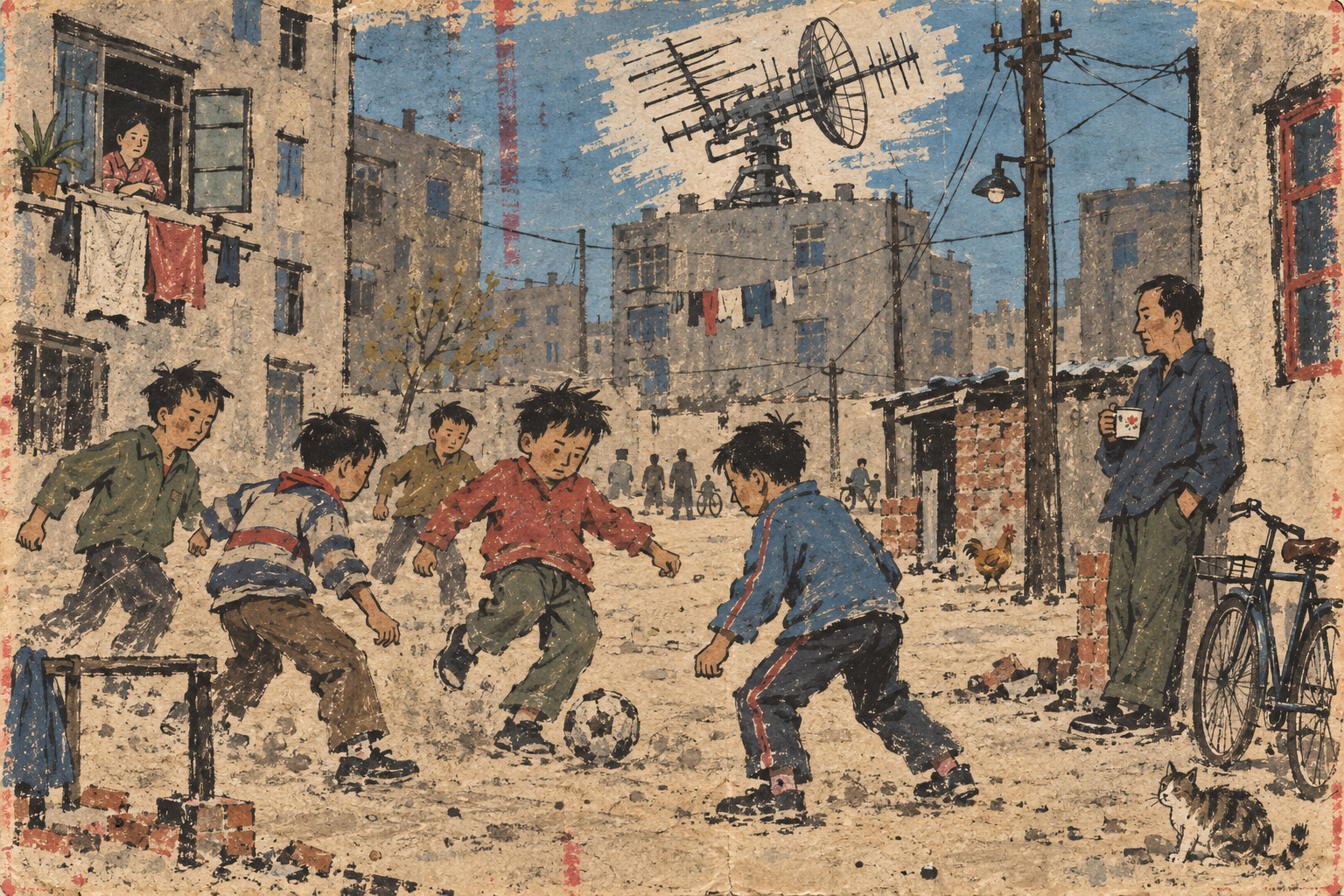 Children playing football on an open patch of ground in an ordinary residential neighbourhood in the late 1980s