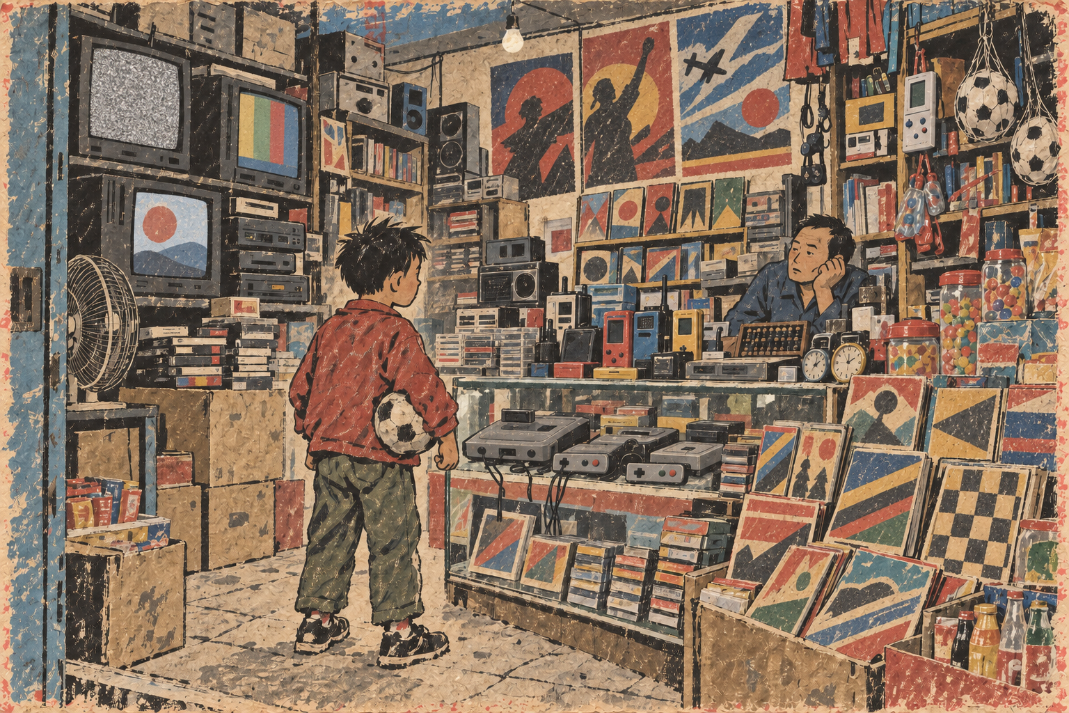 A child in the 1990s faced with a sudden abundance of game consoles, cassette tapes, comics and electrical goods