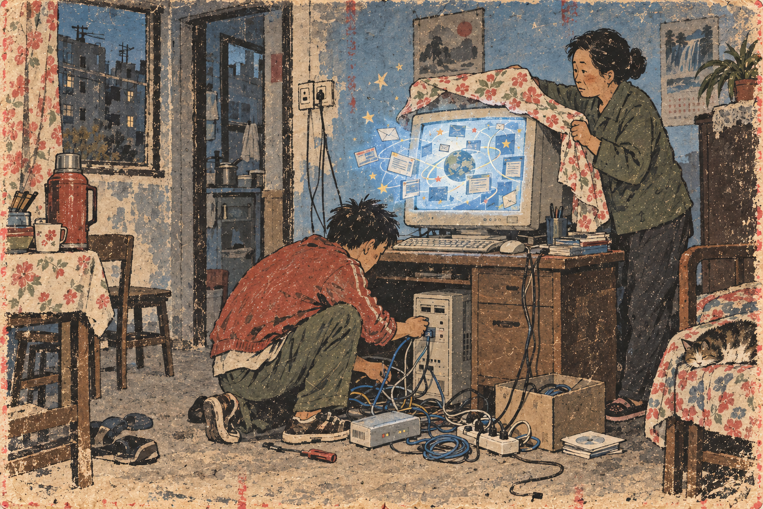 An ordinary family discovering the internet through a personal computer in the early twenty-first century