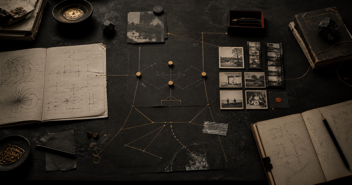 Mathematical notes, a five-player tactical diagram, family images and development notes connect in antique gold across a dark workbench