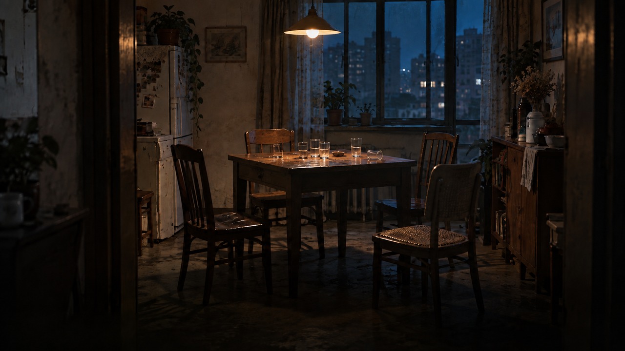 A table and empty chairs left behind after a late-night conversation