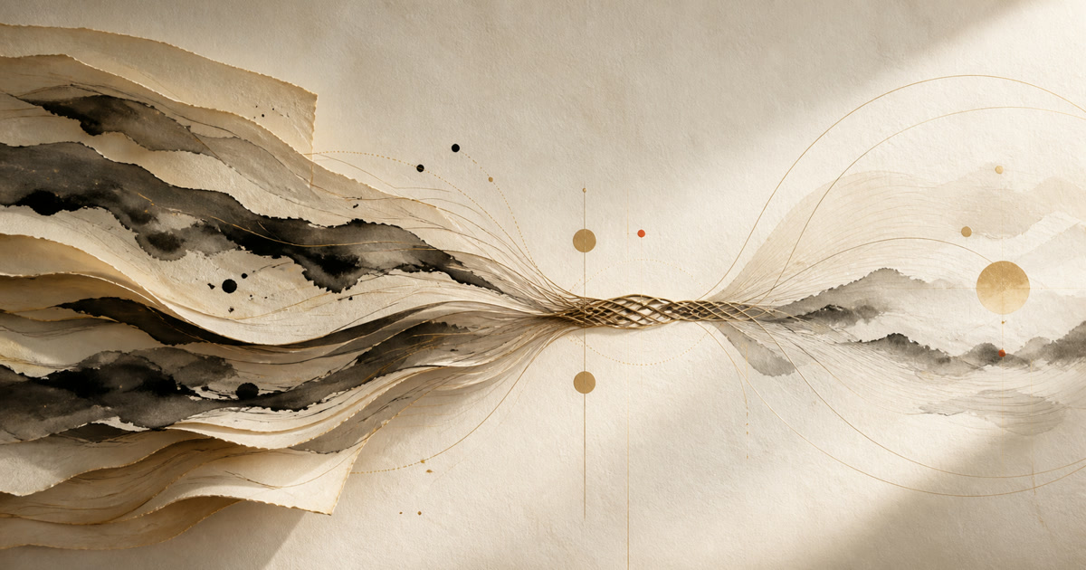 Layers of ink and paper condense into a narrow gold lattice before opening into a structured field