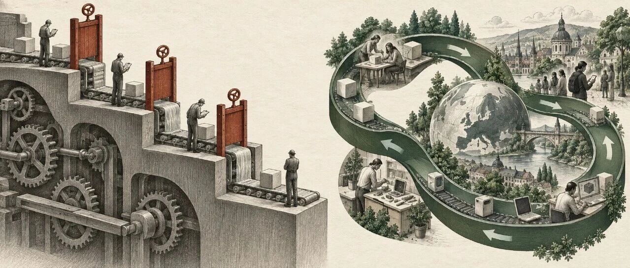 A rigid industrial pipeline with approval gates faces a continuous loop connecting product development with real-world use