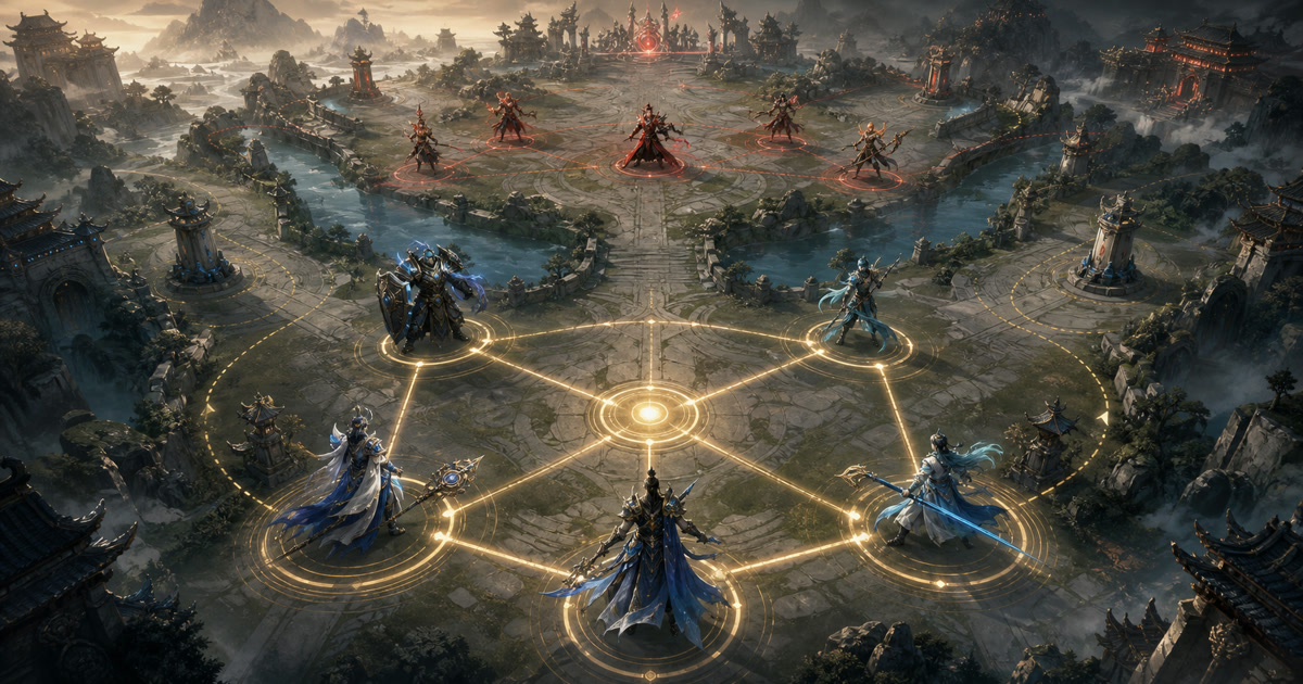Five blue-side heroes form one coordinated unit through a golden pentagonal network as five red-side opponents line up across an Honor of Kings-style battlefield