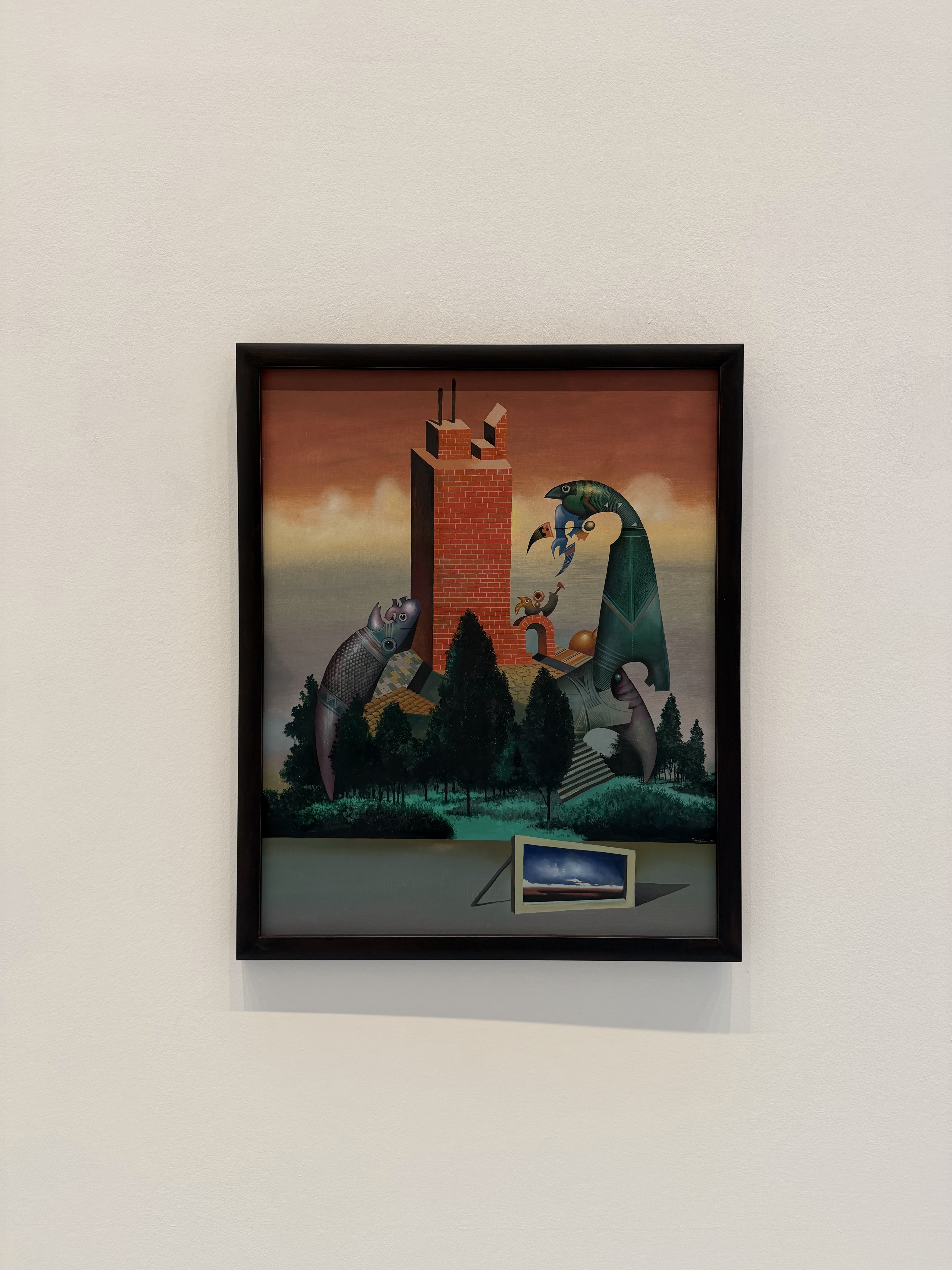 A surreal scene of architecture, fish-like beings and a picture within the picture