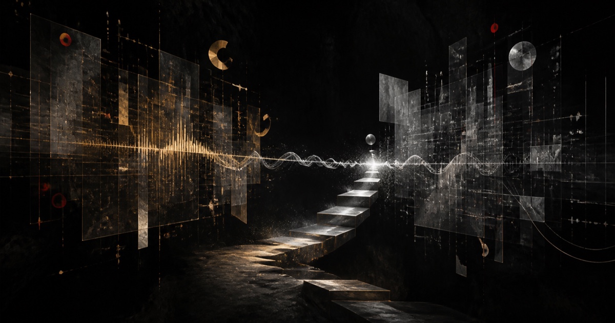 Two offset translucent language structures connect through a silver sound wave and an unfolding path in a deep black space