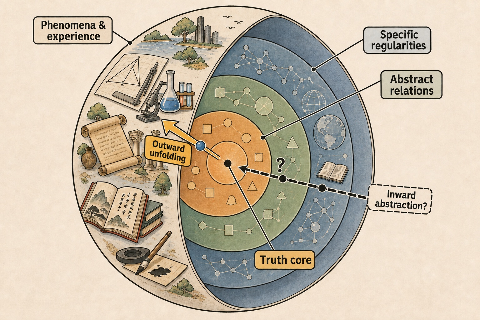 A cross-section of the cognitive sphere: layers unfold around a hypothetical truth core, while a dashed line indicates the exploration of inward abstraction.