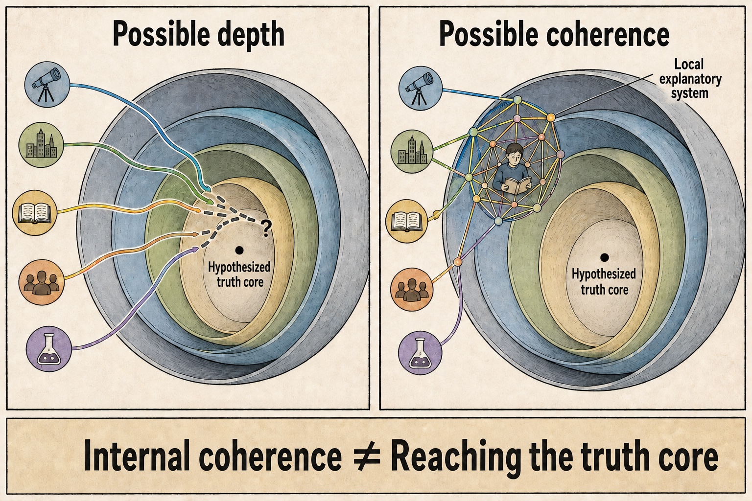Two open possibilities: paths from multiple fields explore deeper levels, or form a coherent local explanatory system in an outer layer.