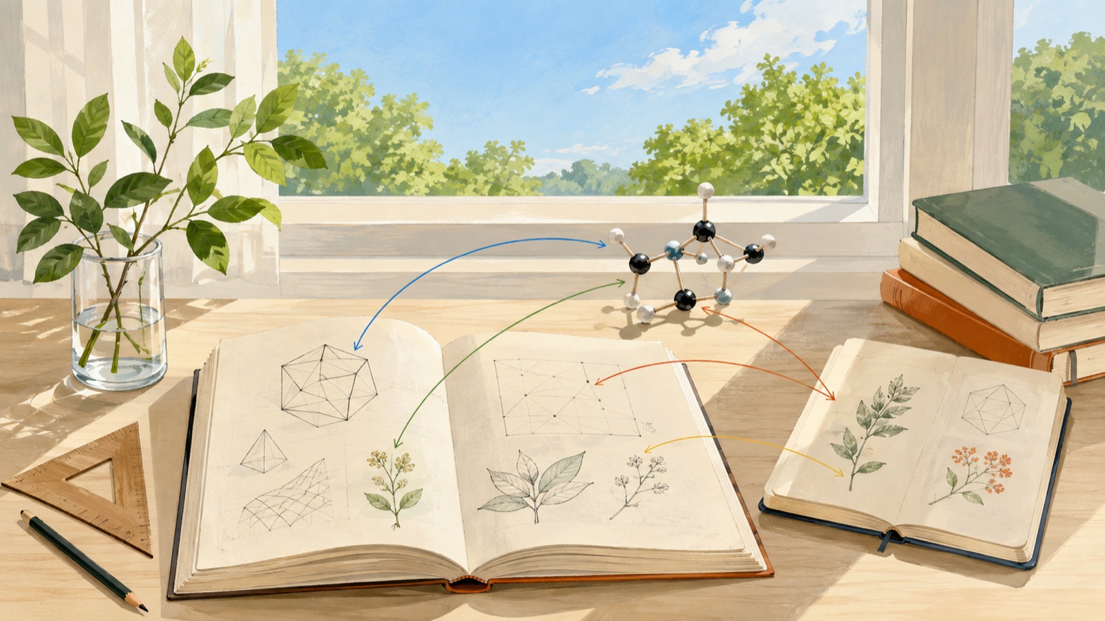 Sunlight falls across an open book on a desk, where colored lines connect geometric and botanical sketches with a molecular model and a second notebook