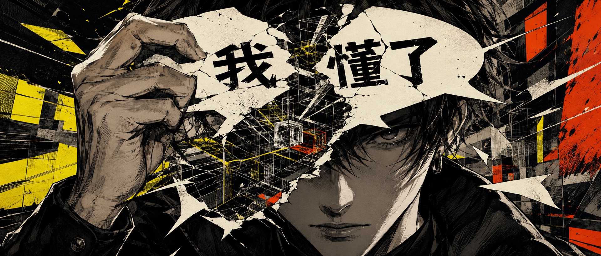 In a black, yellow and orange comic illustration, a thinker tears open a speech balloon saying I understand in Chinese, revealing intricate geometric structures behind it