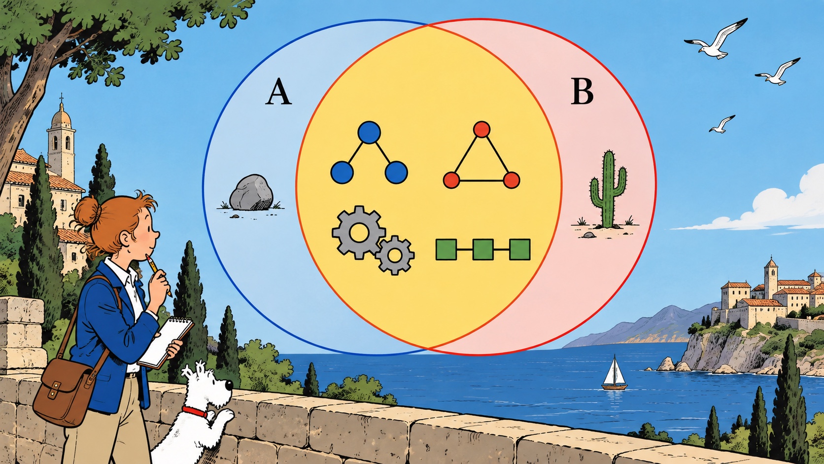A and B share a broad area containing several common relational structures