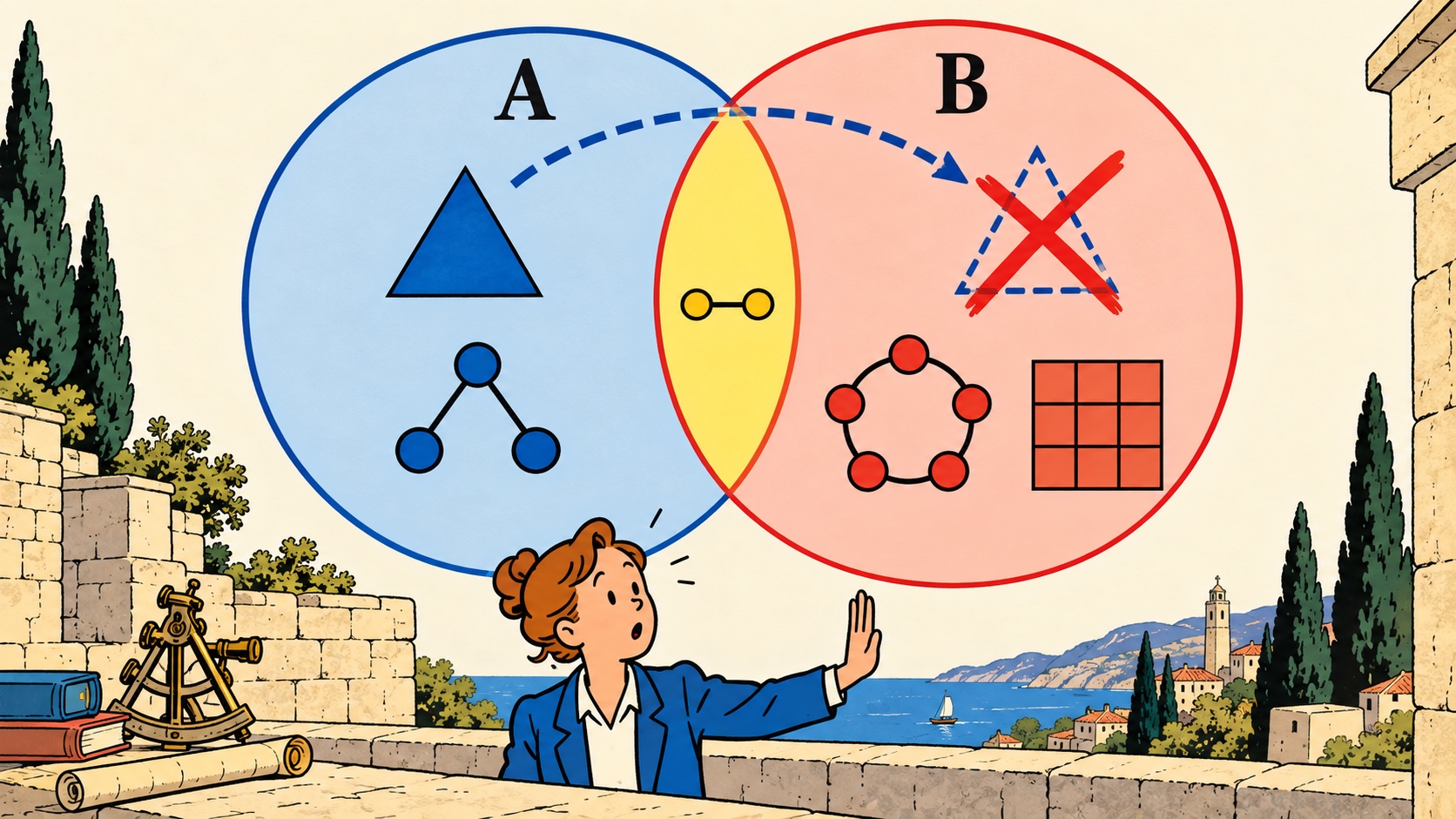 A and B share only a narrow area; importing an A-only property into B is marked as an error