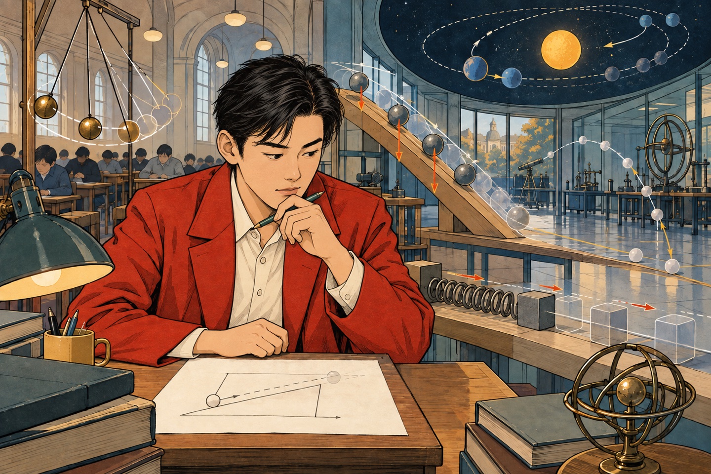 A thinker runs a continuous physical model of an inclined plane, pendulum, spring, orbit and celestial bodies