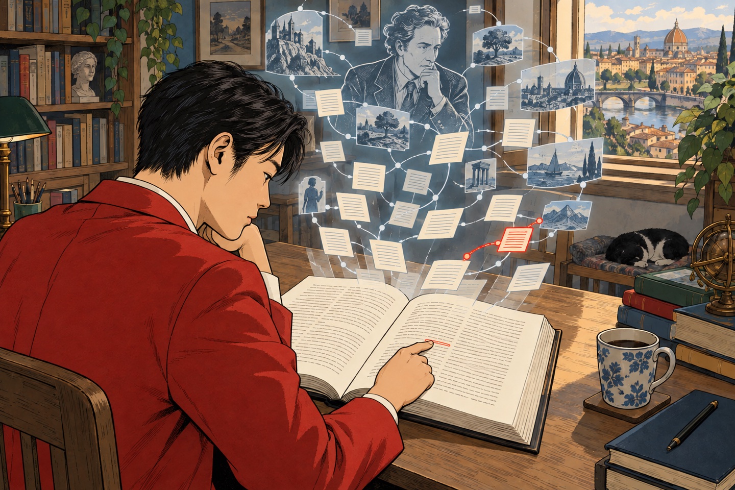 A reader builds a working model of an author from an entire page, with one red path showing a surprising deviation