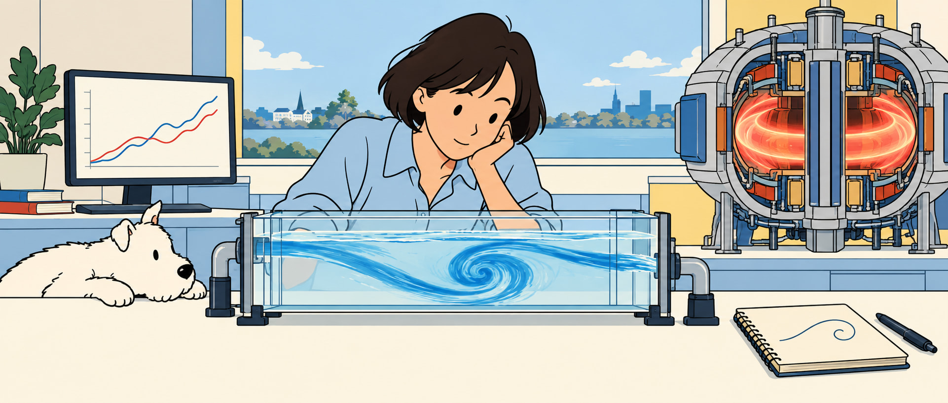 A line drawing of scientists studying fluid flow and its possible links to finance and nuclear fusion