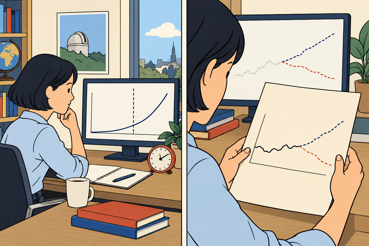 Two-panel illustration of an analyst studying an option curve and a clock while considering early exercise