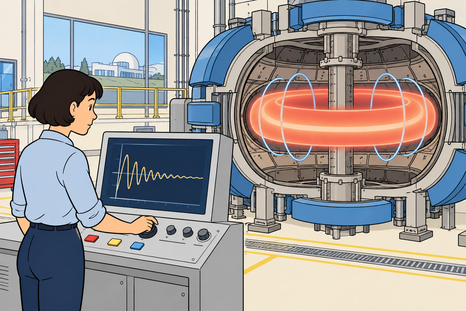 A scientist adjusts a control console while monitoring ring-shaped plasma inside a tokamak