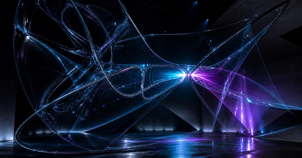 Translucent structures in ice blue and violet-red draw close again before a hairline opening of light in a black architectural space