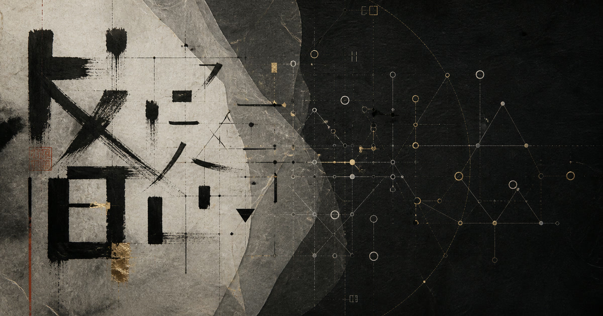 Dense ink glyph forms dissolve into an open field of neutral variables, operators, and relational geometry