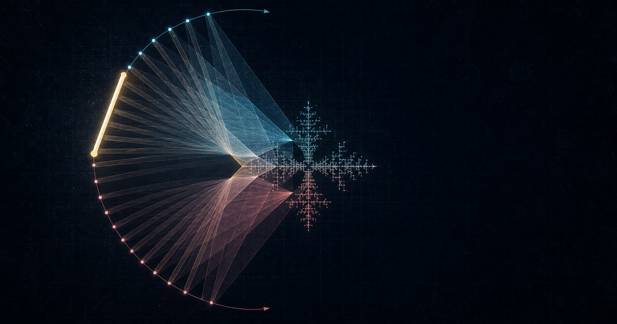 A gold needle sweeps across overlapping cyan and magenta triangular paths in the planar Kakeya problem