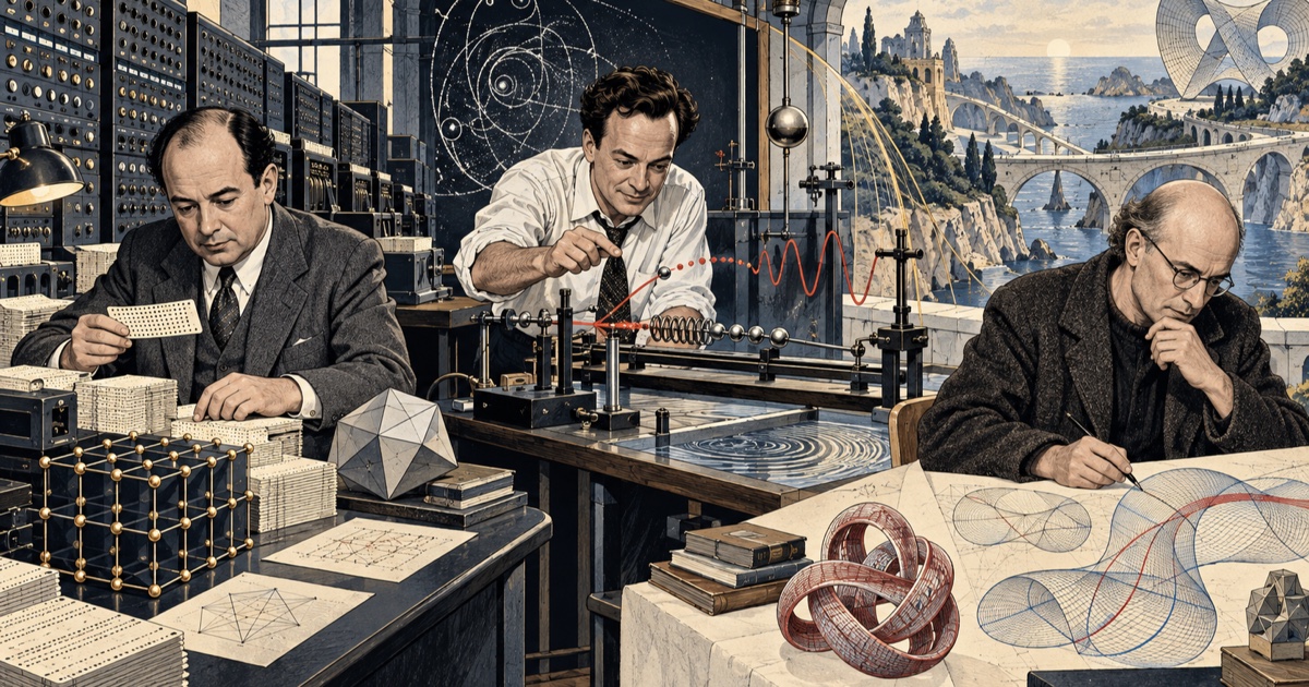 Conceptual illustration of von Neumann, Feynman, and Grothendieck in settings of computation, physical experiment, and mathematical structure