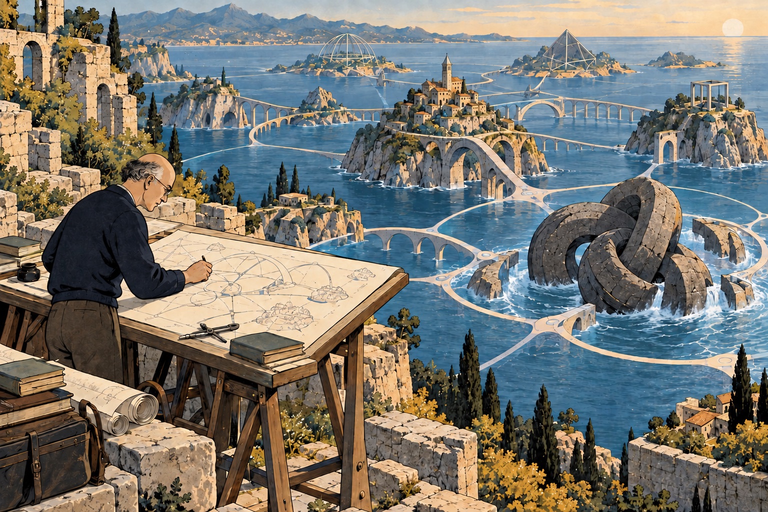 Conceptual illustration of Grothendieck rebuilding a theoretical framework